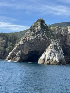 Large rocky sea cliff with a dark cave entrance surrounded by calm ocean water.