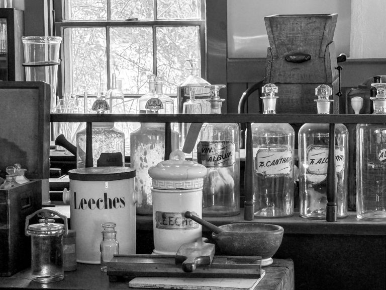 Old time apothecary jars, including one labeled “leeches” lined up on the counters in a museum