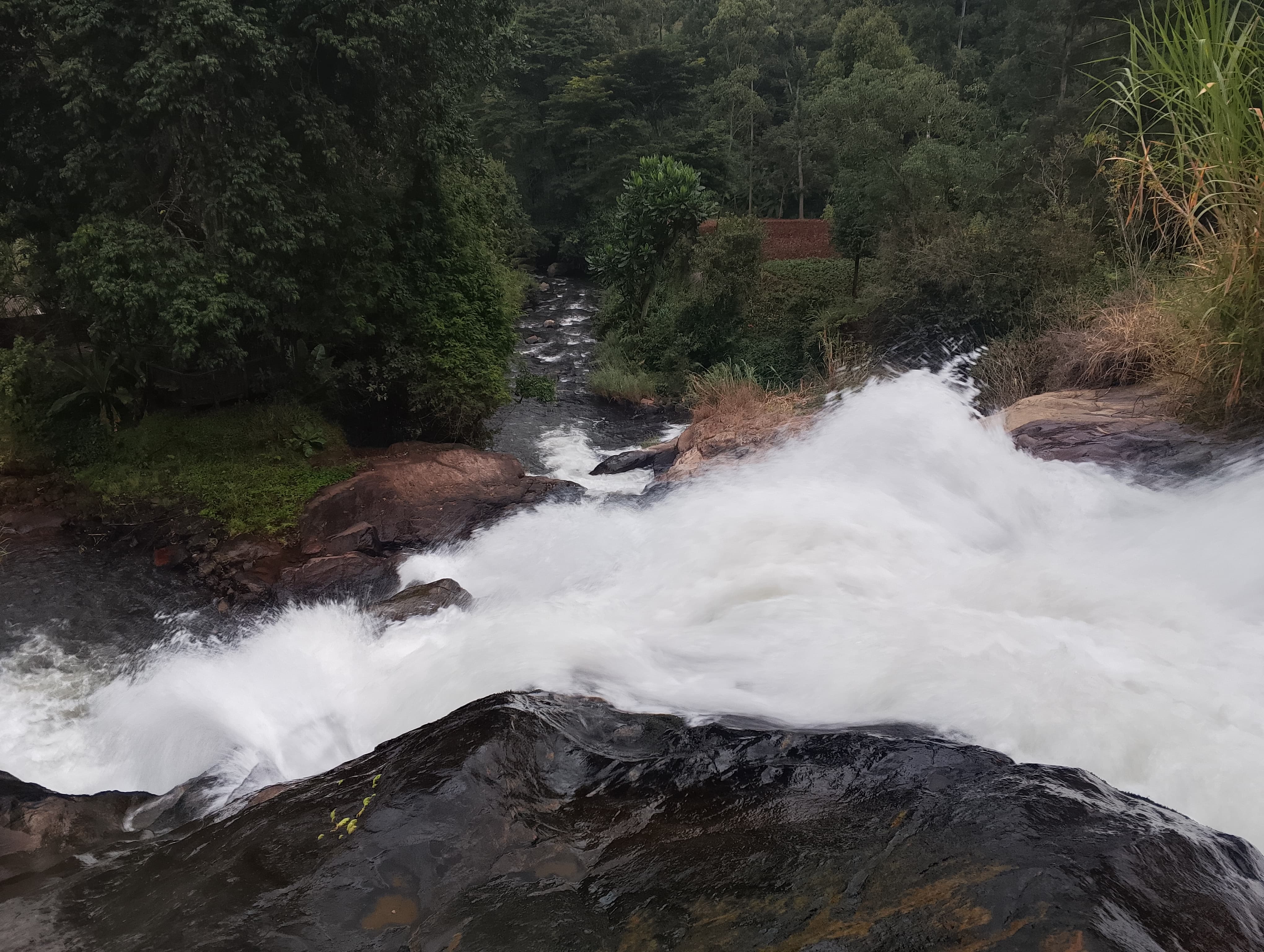 A cascading waterfall pours over smooth black rocks, generating white foamy water as it tumbles down.