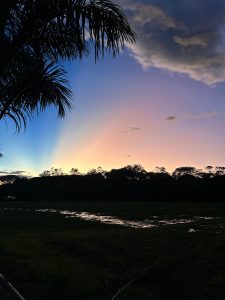 A serene landscape at dusk, where the sky transitions from deep blue to soft pastel shades of orange and pink near the horizon. 
