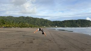 Person doing a backflip on a sandy beach with ocean waves, trees, and green hills in the background.