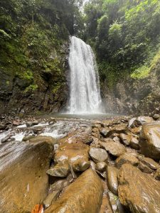 Majestic waterfall cascades down a rocky cliff surrounded by lush green foliage