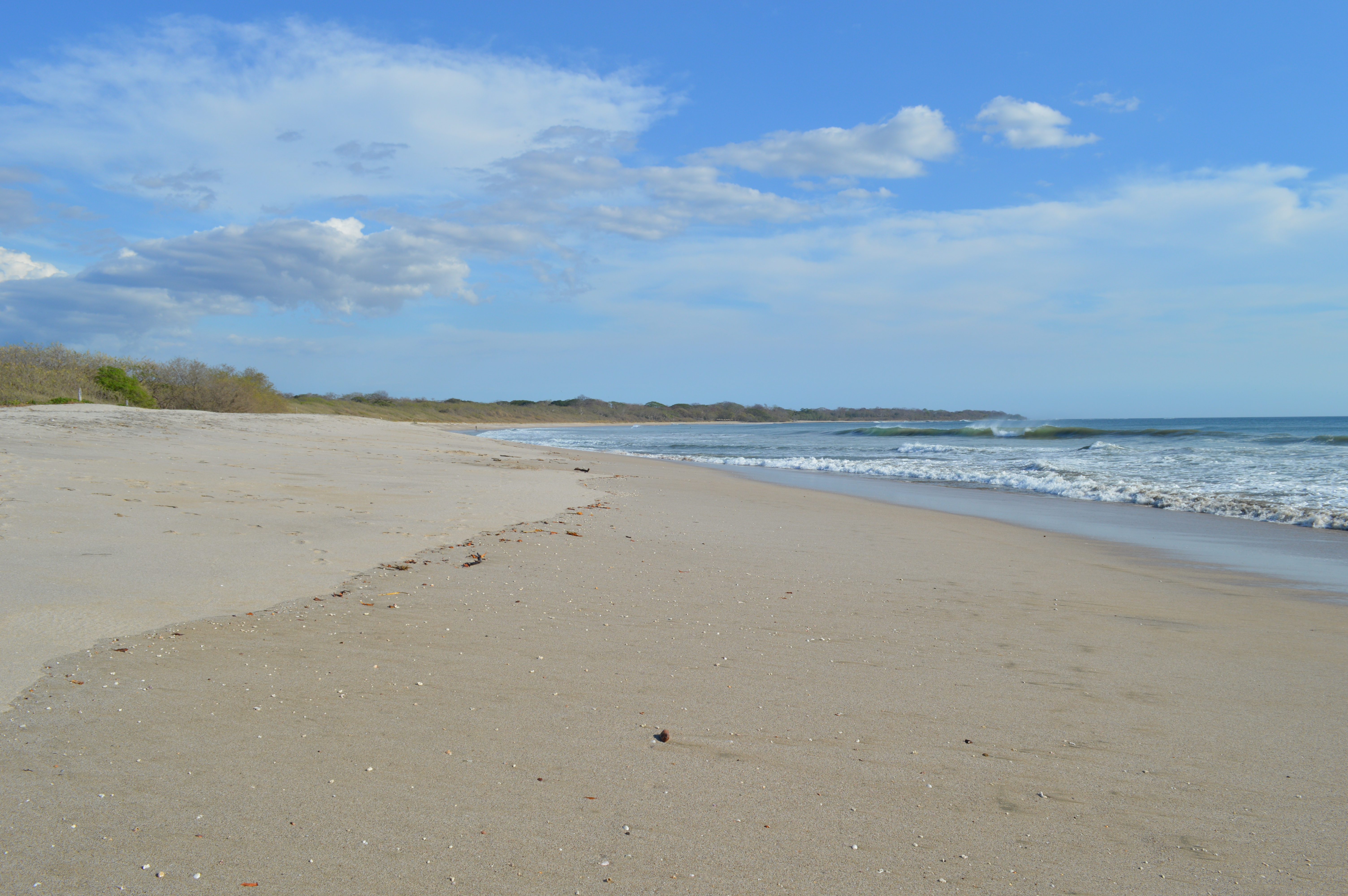 A wide sandy beach curves along the shoreline with gentle waves breaking onto the sand. Low vegetation borders the beach beneath a blue sky filled with scattered white clouds
