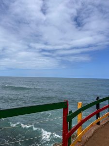 A calm ocean meets the horizon under a cloudy sky with gentle waves along the shore.