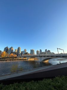 An arched concrete bridge crosses a broad river beneath a clear blue sky, with Calgary’s downtown skyline rising behind it. Golden autumn trees brighten the riverbank, while sunlight illuminates the bridge supports and nearby buildings. Dark green shrubs and a sloped walkway frame the foreground of the peaceful urban scene.