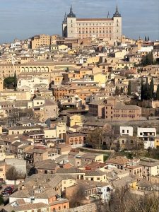 Panoramic view of the Alcázar of Toledo overlooking the historic city in Toledo, Spain.
