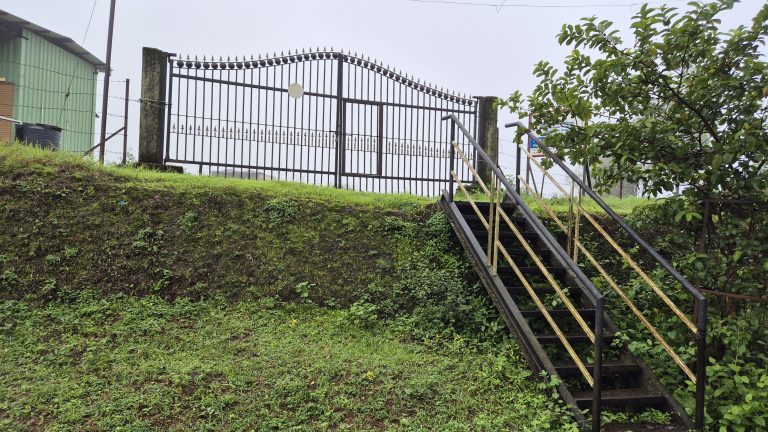 A metal gate with pointed spikes atop the gate stands at the edge of a grassy slope