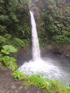 La Fortuna Waterfall cascading into a turquoise pool surrounded by lush tropical rainforest in Alajuela, Costa Rica.
