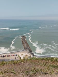 Coastal view with grassy cliffs, rocky jetty, and gentle ocean waves.