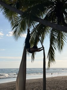 A person is performing aerial silks, hanging upside down from two long, flowing pieces of fabric tied to a palm tree. They are on a beach, with the ocean visible in the background, where gentle waves crash on the shore. The sky above is partly cloudy, with soft blue hues, and the sun casts a warm, natural light on the scene. 
