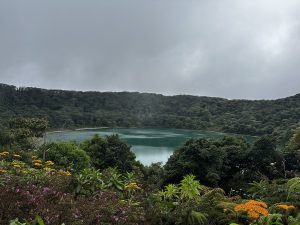 A peaceful view of Botos Lagoon, a volcanic crater lake in Poás Volcano National Park, surrounded by lush cloud forest.