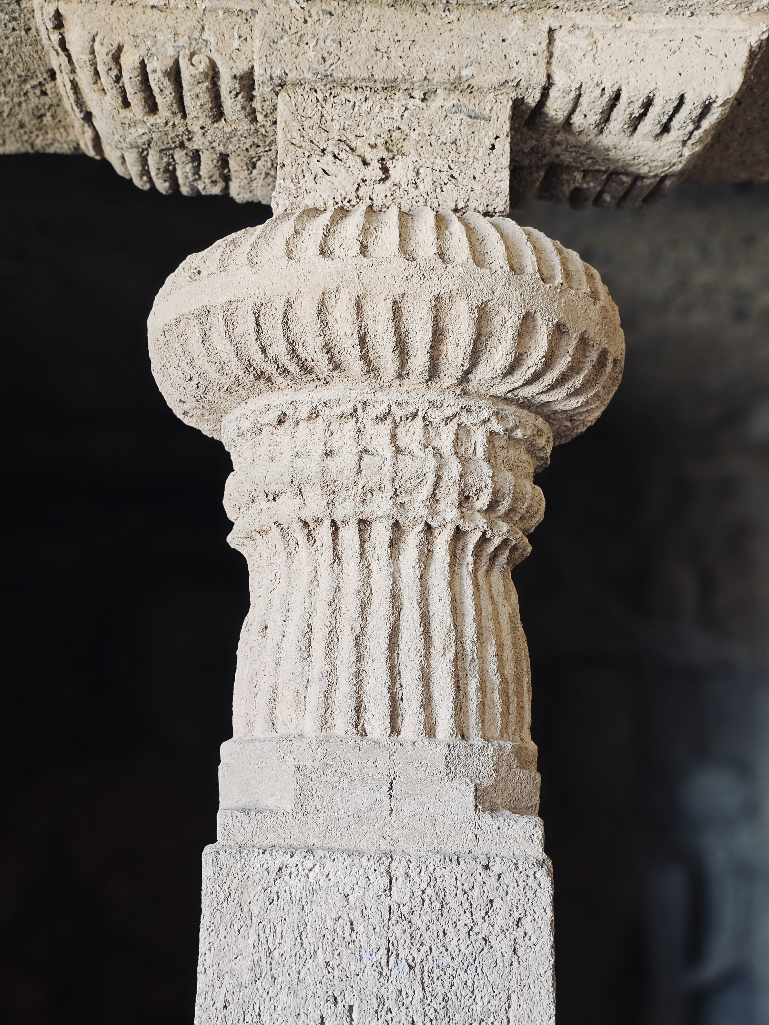 A close-up of a beautifully carved stone pillar reveals the fine craftsmanship preserved at Kanheri Caves. The detailed patterns show the skill of ancient artisans who carved these monuments from solid rock. Captured at Sanjay Gandhi National Park, Borivali East, Mumbai.