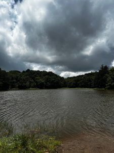 
A calm lake surrounded by green trees under dark cloudy skies.