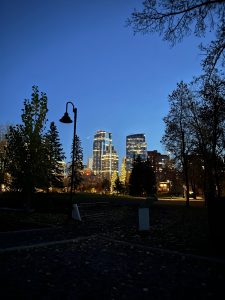 A nighttime view of Prince’s Island Park frames the Calgary skyline in the distance, where illuminated office towers rise against a deep blue evening sky. Dark trees and a curved lamp post border the foreground, while warm decorative lights among the trees add a calm, festive atmosphere.