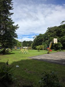 A playground with climbing domes, a slide, and a basketball hoop sits on a grassy area surrounded by trees under a partly cloudy sky.