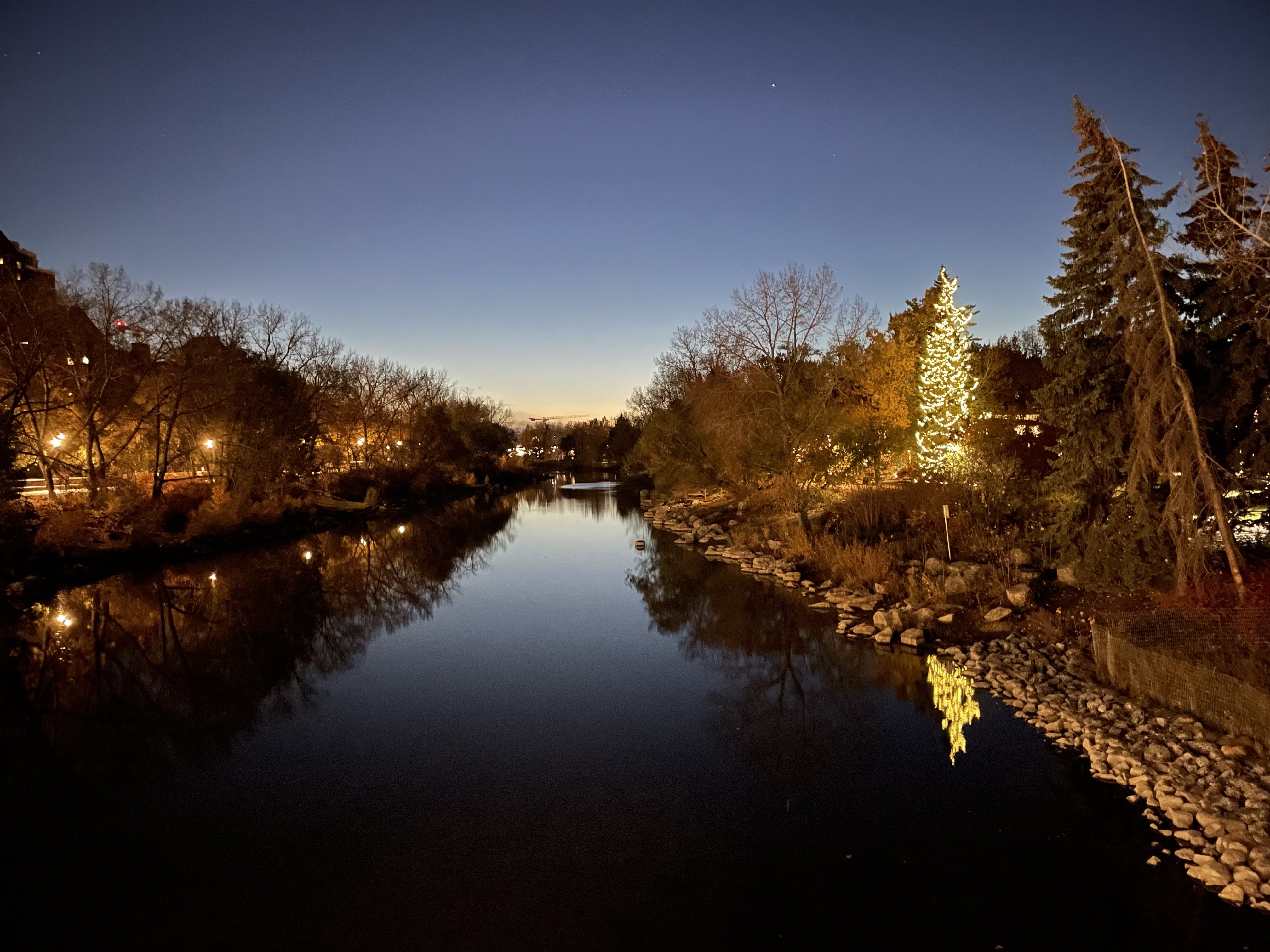 A calm river at dusk reflects dark trees, glowing park lights, and a brightly illuminated evergreen on the right bank. Bare branches and tall evergreens frame the water, while a deep blue evening sky with a few visible stars stretches overhead. Rocky shoreline and warm reflections create a peaceful night scene.