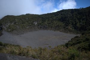 A top-down view of the crater of an inactive volcano.