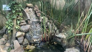 A handcrafted garden waterfall lined with smooth river pebbles flowing gently into a small pond, framed by lush tropical foliage, climbing vines, and tall papyrus reeds.
