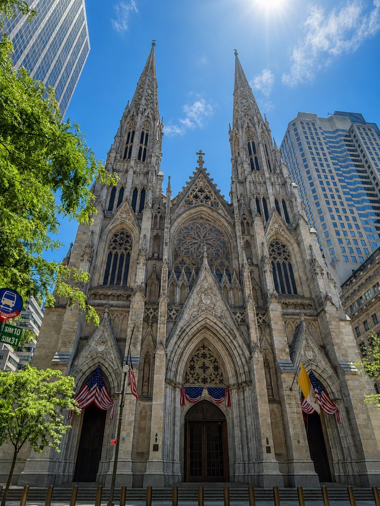 The Gothic architecture of St. Patrick’s Cathedral in Manhattan, New York City, under a bright blue sky and wispy clouds.