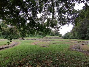 
A view of an ancient ruin set within a lush green landscape.