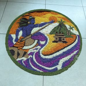 A colorful floral artwork depicting Lord Shiva, with an island temple, palm trees, and waves.