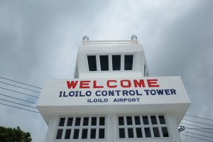 A view of a white replica of the old Iloilo Airport control tower.