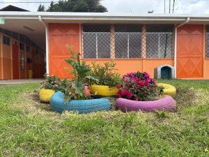 Colorful, flower-filled tires sit on a grassy lawn in front of an orange building with large windows and doors.

