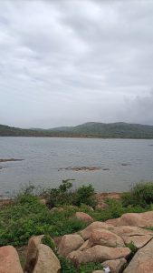 
A calm river surrounded by rocks, green plants, and distant hills under a cloudy sky.