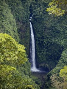 
A waterfall between mountains.