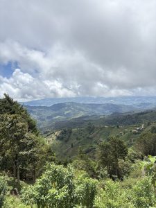 Green mountain hillsides under a cloudy sky. Trees line the foreground while rolling valleys and distant hills stretch into the background.

