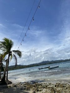 A tropical beach with palm trees and a string of hanging light bulbs overhead, two small boats moored in shallow turquoise water beneath a partly cloudy sky.