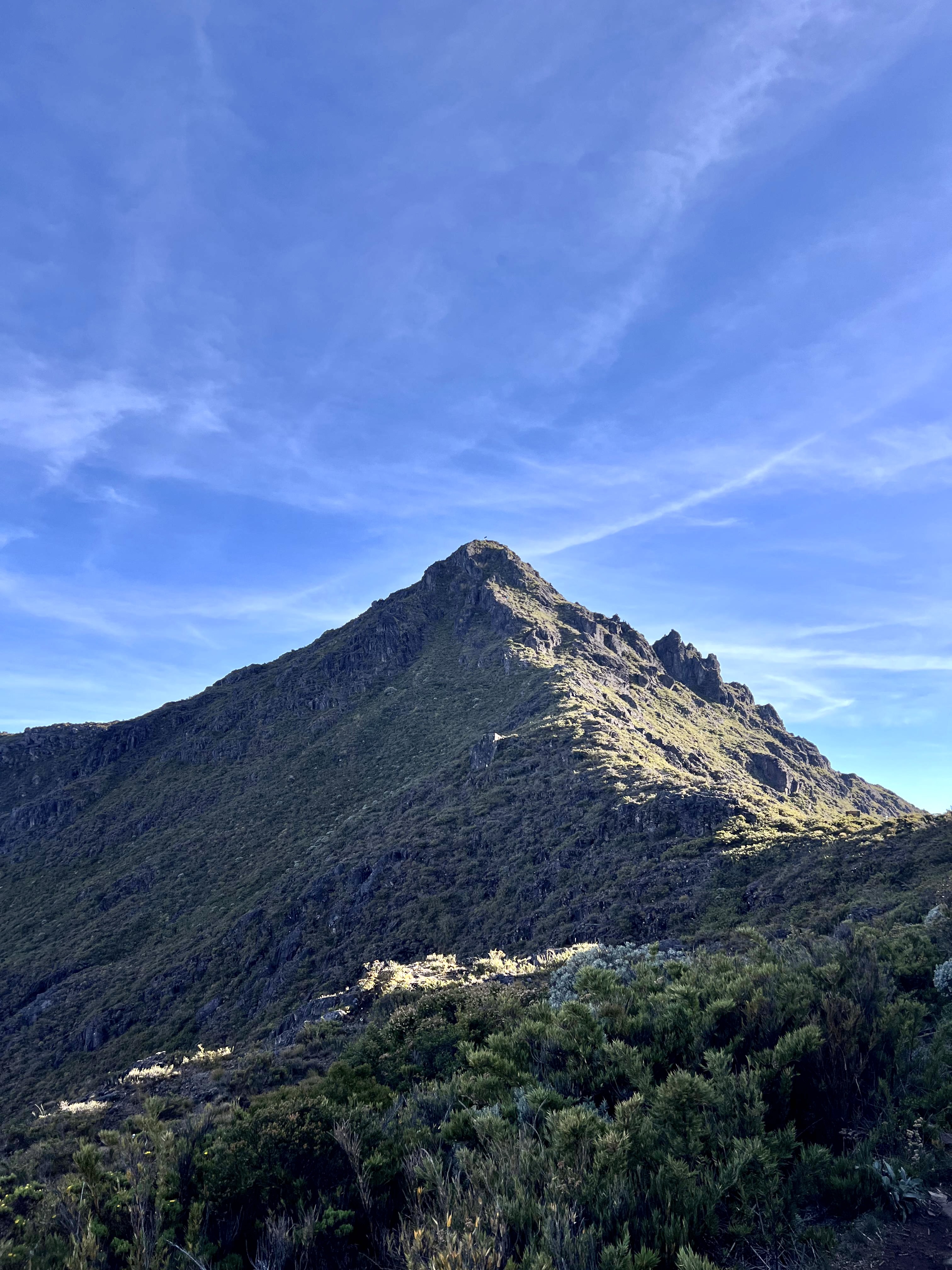 Rocky summit peak of Cerro Chirripó, Costa Rica's highest mountain, rising above páramo highland vegetation under a clear blue sky