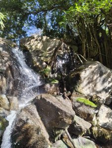 A cascading waterfall flows over large, uneven rocks, creating a serene and natural atmosphere
