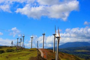 
A low-angle view of wind turbines in a row.