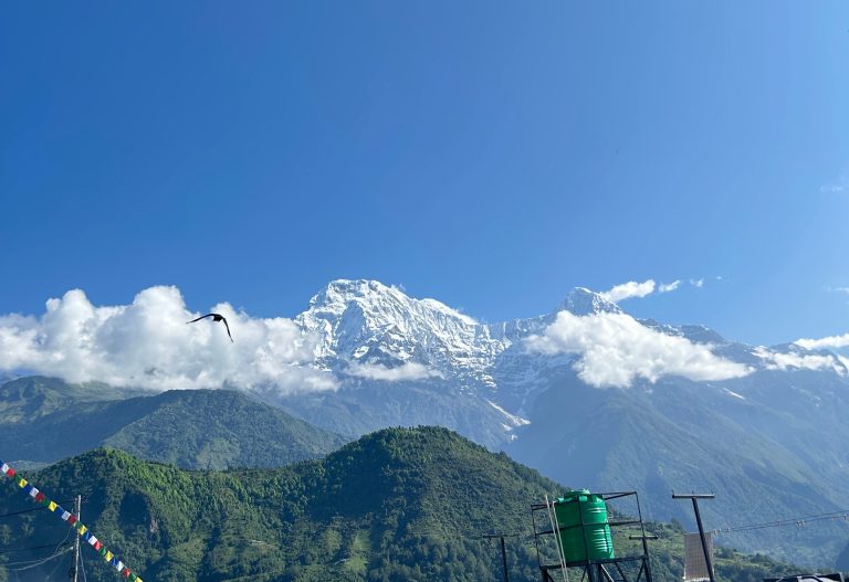 Snow-capped mountains with green slopes, rooftops, a water tank, and colorful prayer flags.
