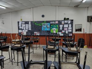 Classroom blackboard decorated with educational posters  and student work under the Word francophonie