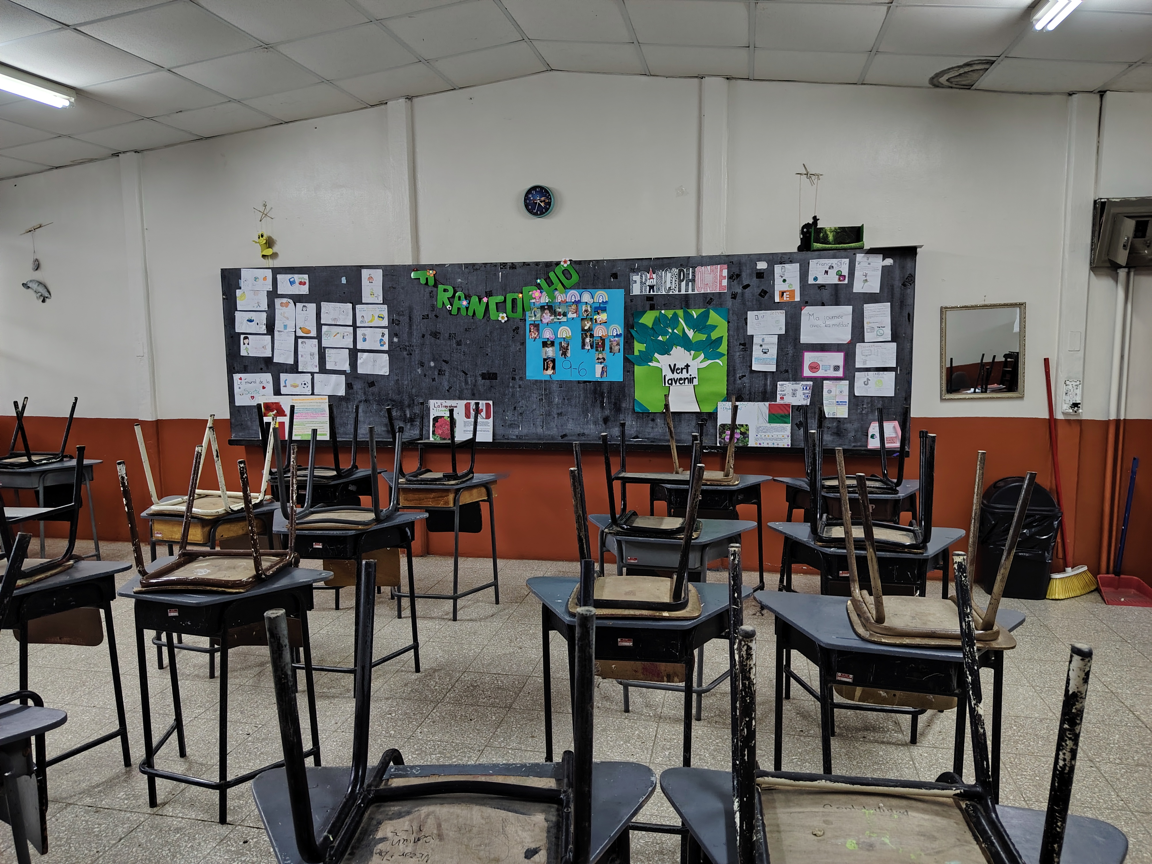 Classroom blackboard decorated with educational posters and student work under the Word francophonie