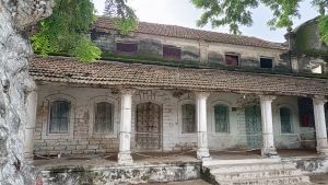 Old traditional building with a tiled roof and a large tree in front.
