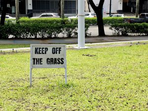 Green lawn with a sign reading “KEEP OFF THE GRASS.”