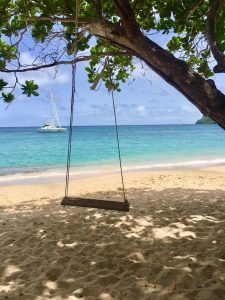 A beautiful scenic view of the ocean bank with sand and a hanging swing on a tree branch. The ship is at a distance in the middle of the ocean.