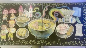Chalk art mural on a black background illustrating Iloilo culture, featuring Dinagyang festival dancers, historic buildings, large bowls of batchoy noodle soup, and a wrapped Roberto's Queen siopao.