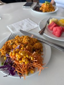
A plate of arroz con pollo (chicken and rice).
