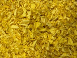 A dense pile of bright yellow flower petals with delicate, slightly crinkled textures.