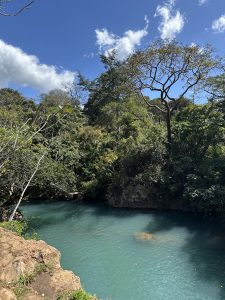 
A river with clear light blue water flowing through a natural landscape.