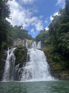 
A waterfall flowing into a turquoise pool, surrounded by green trees.