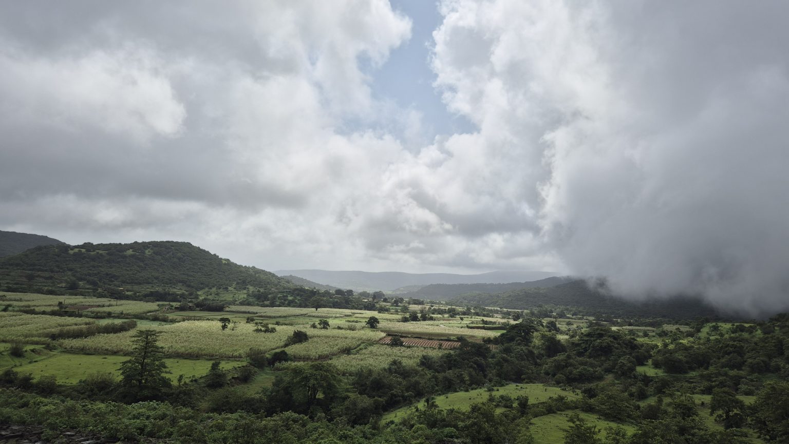 A lush green landscape stretches out under a dramatic sky filled with thick gray clouds. Rolling hills rise in the background, partially obscured by the clouds. In the foreground, fields of tall grass and crops are interspersed with clusters of trees and shrubs.