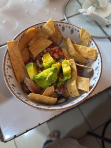 A bowl with meat, fresh salsa, avocado, and tortilla chips.