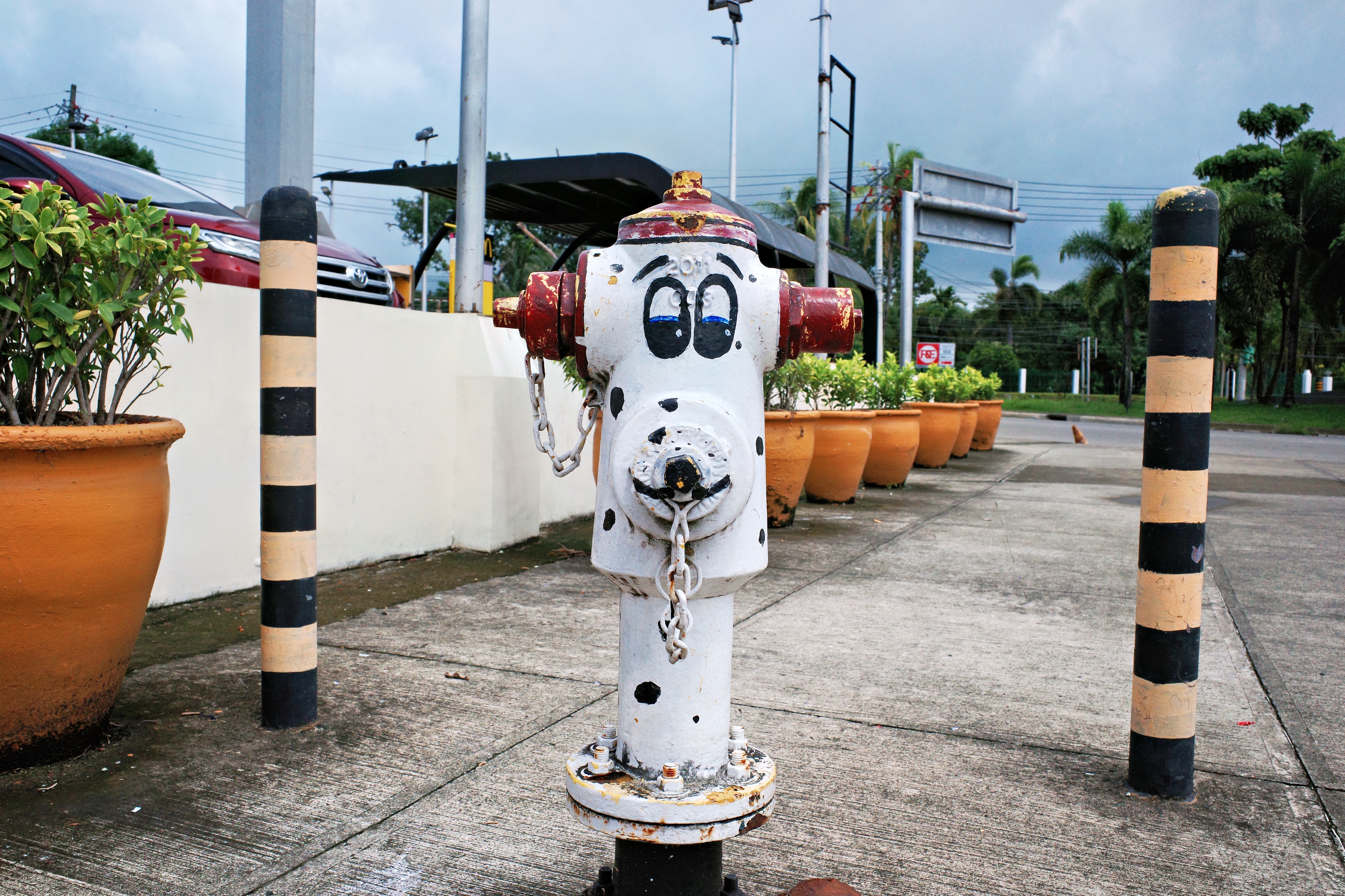 A fire hydrant painted as a Dalmatian with black spots and face details on a concrete walkway.