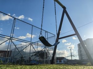 Low-angle view of a swing.
