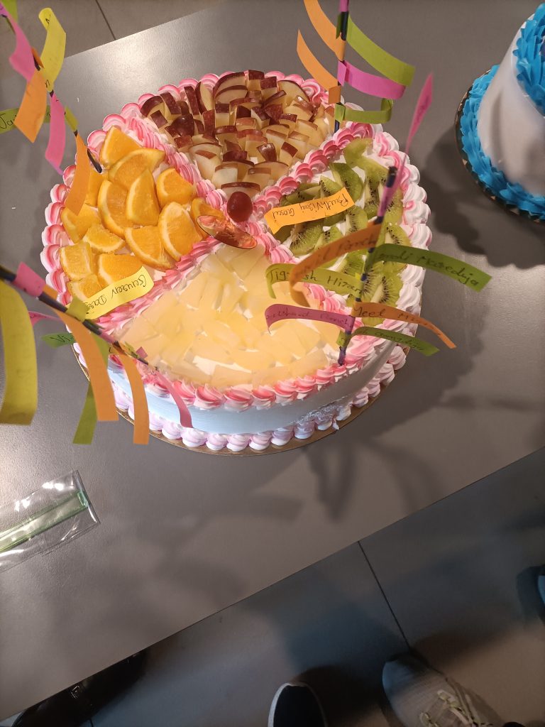 A large round fruit cake divided into four colorful sections, topped with orange, apple, kiwi, and pineapple pieces, with pink frosting and small decorative flags.